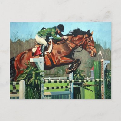 horseback riding jumping. Horse jumping post card by