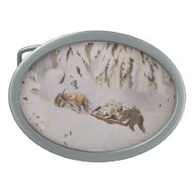 Horse Pulling Sled Through the Woods Oval Belt Buckles