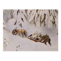 Horse Pulling Sled Through the Woods Post Card