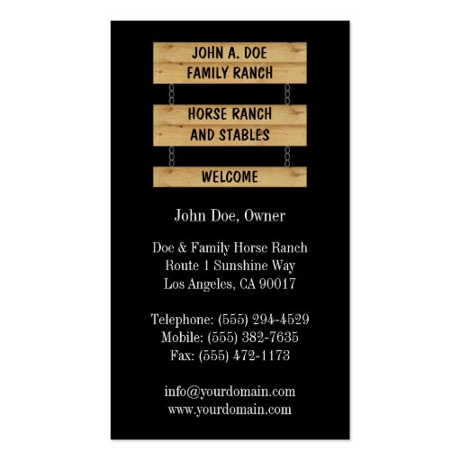 Horse Ranch Stables Cattle Farm Black Business Card (back side)