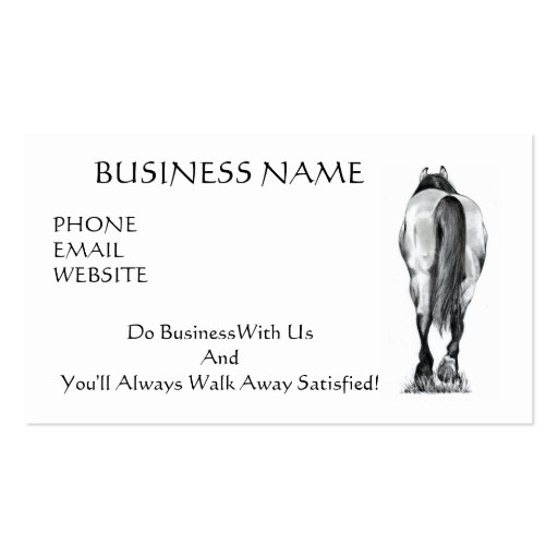 HORSE WALKING AWAY: LEAVE SATISFIED: BUSINESS CARD (front side)