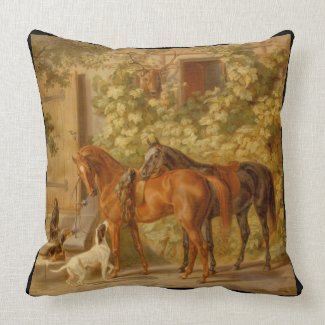 Horses and Dog in Courtyard Throw Pillow