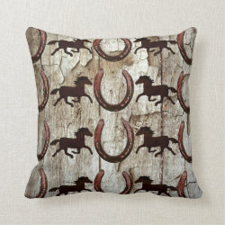 Horses and Horseshoes on Barn Wood Cowboy Gifts Throw Pillow