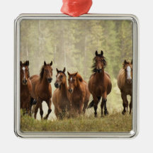 Horses cresting small hill during roundup, 2 christmas ornaments