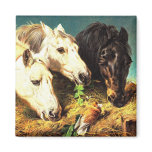 Horses eating hay fridge magnets