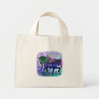 Horses, fantasy colored on purple background bag