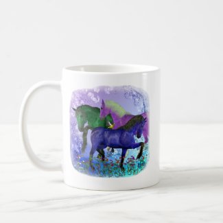 Horses, fantasy colored on purple background mug
