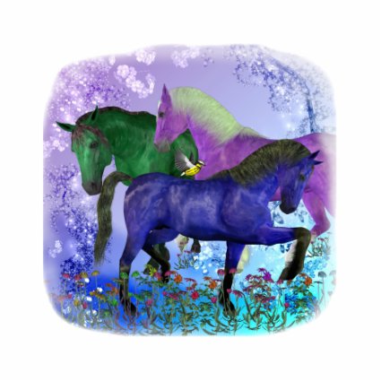 Horses, fantasy colored on purple background cut out