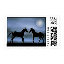Horses making friends by moonlight stamp