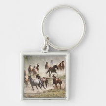 Horses running during roundup, Montana Keychains