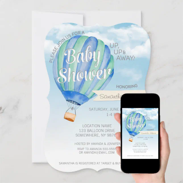 Hot Air Balloon Baby Shower Blue Green Boy Invitation Zazzle