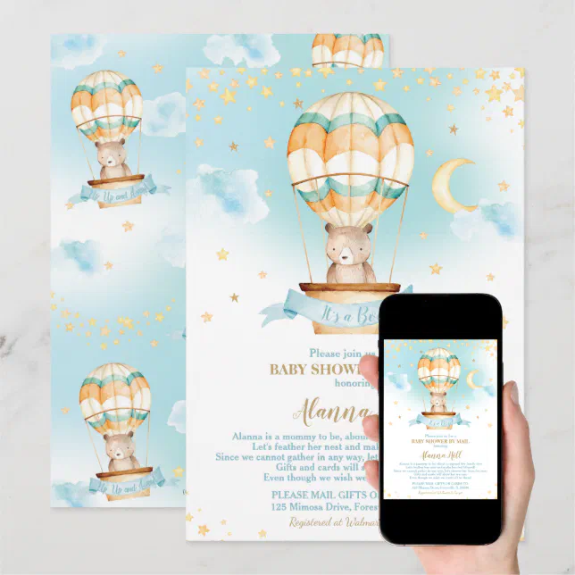 Hot Air Balloon Baby Shower By Mail Teddy Bear Invitation Zazzle