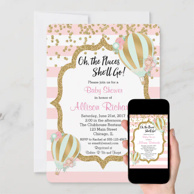 Hot Air Balloon Baby Shower Invitation Pink Gold Zazzle