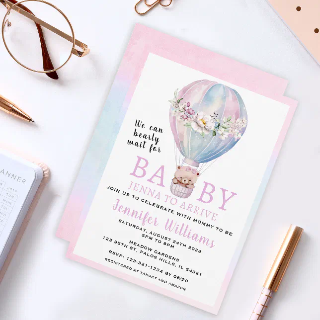 Hot Air Balloon Bear Girl Baby Shower Invitation Zazzle