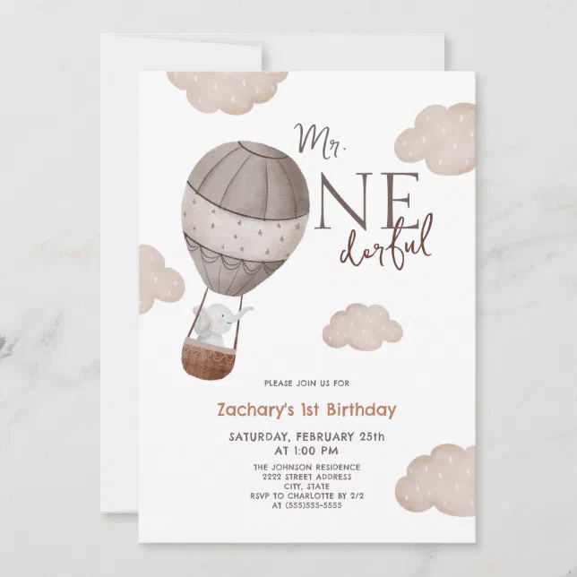 Hot Air Balloon Mr ONEderful Boy 1st Birthday Invitation Zazzle