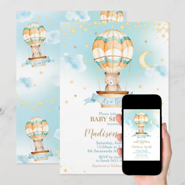 Hot Air Balloon Teddy Bear Baby Shower Boy Invitation Zazzle