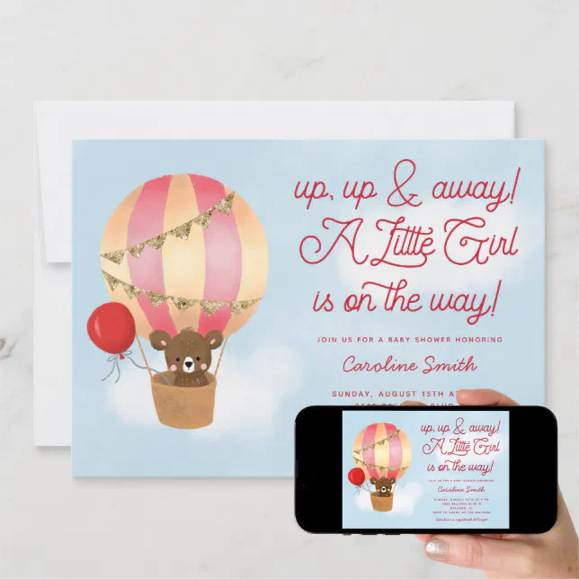 Hot Air Balloon Teddy Bear Pink Baby Shower Invitation Zazzle
