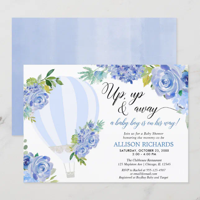 Hot Air Balloon Up Up And Away Boy Baby Shower Invitation Zazzle