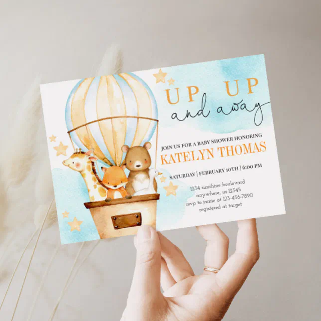 Hot Air Balloon Up Up And Away Boy Baby Shower Invitation Zazzle