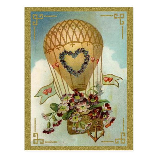 Hot Air Balloon With Flowers Valentine Cards, Gift Postcard Zazzle