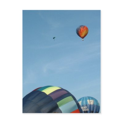 Hot air balloons, with parachute postcard by bluebirdcanflyphotos