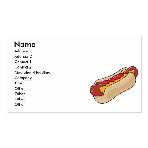 hot dog in bun with ketchup and mustard graphic business cards (front side)