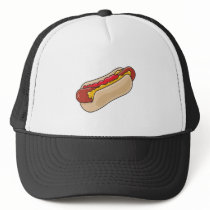 hot dog in bun with ketchup and mustard graphic trucker hat