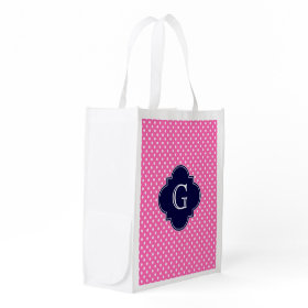 Hot Pink #2 Wht Polka Dot Navy Quatrefoil Monogram Grocery Bags
