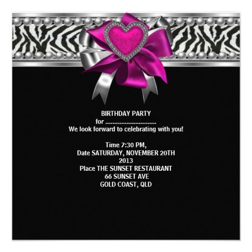 Hot Pink 30th Birthday Party Zebra Black Announcements
