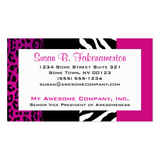 Hot Pink and Black Animal Print Zebra and Leopard Business Card Templates (front side)