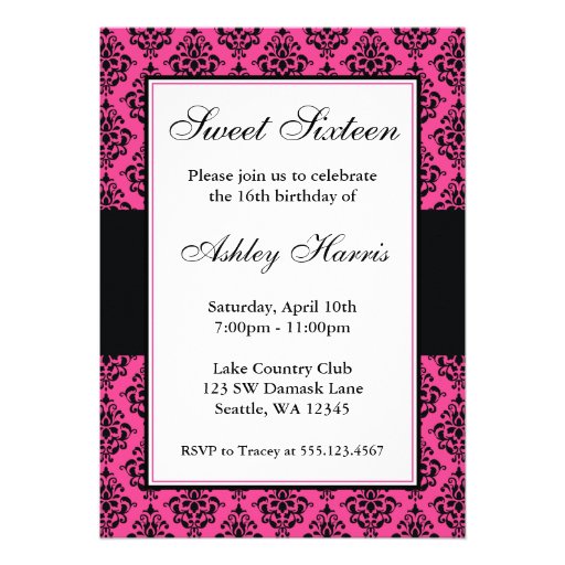 Hot Pink and Black Damask Sweet Sixteen Birthday Personalized Invitations