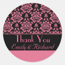 Hot Pink and Black Damask Thank You Sticker
