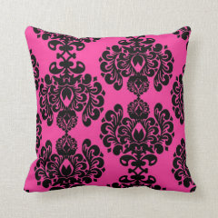 Hot Pink And Black Damask Throw Pillow