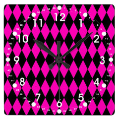 Hot Pink and Black Diamond Harlequin Pattern Wallclock