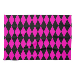 Hot Pink and Black Diamond Harlequin Pattern Hand Towels