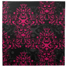 Hot Pink and Black Floral Damask Cloth Napkins
