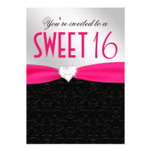 Hot Pink and Black Floral Damask Diamond Heart Personalized Invitations
