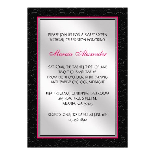 Hot Pink and Black Floral Damask Diamond Heart Personalized Invitations