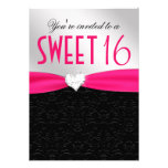 Hot Pink and Black Floral Damask Diamond Heart Personalized Invitations