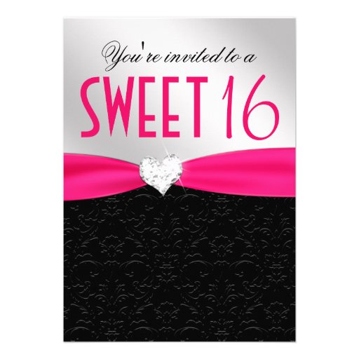 Hot Pink and Black Floral Damask Diamond Heart Personalized Invitations