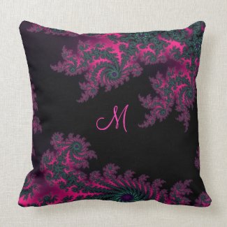Hot Pink and Black Monogram Fractal Lace Pillow