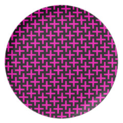 Hot Pink and Black Pattern Crosses Plus Signs Dinner Plate