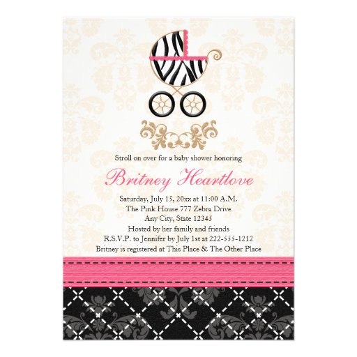 Hot Pink and Black Zebra Carriage Baby Shower Personalized Invites
