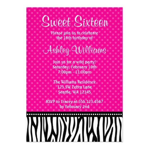 Hot Pink and Black Zebra Polka Dot Sweet 16 Invites