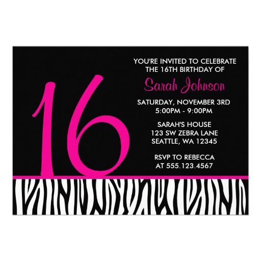 Hot Pink and Black Zebra Sweet 16 Number Birthday Announcements