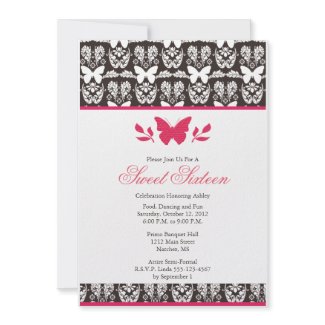 Hot Pink and Brown Butterfly and Damask Birthday Invites Dark Brown and Hot Pink Butterfly and Damask Butterfly Birthday Invitations