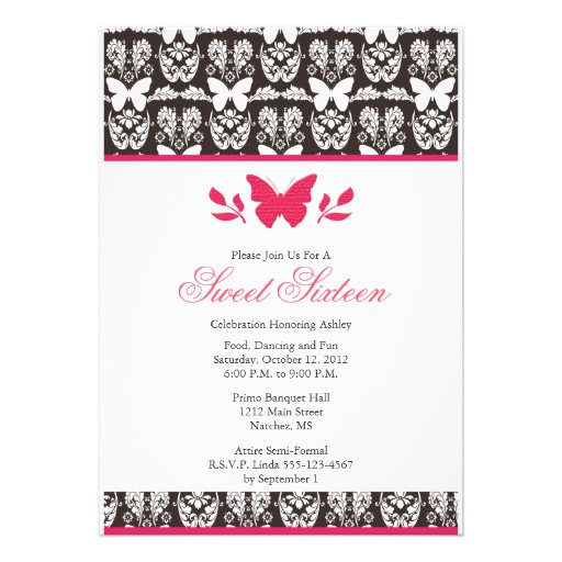 Hot Pink and Brown Butterfly Sweet 16 Invitaitons Custom Invite