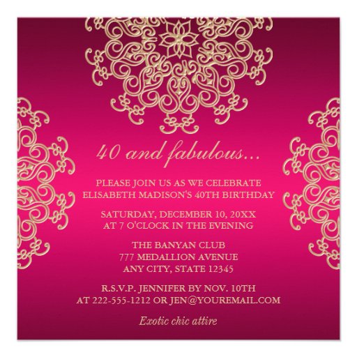 HOT PINK AND GOLD INDIAN INSPIRED BIRTHDAY PERSONALIZED INVITE (front side)