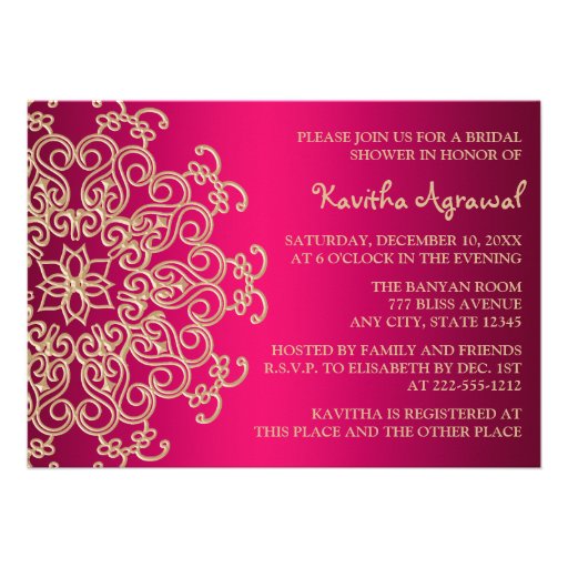 Hot Pink and Gold Indian Inspired Bridal Shower Personalized Invites (front side)