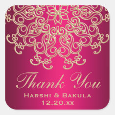 HOT PINK AND GOLD INDIAN INSPIRED THANK YOU LABEL SQUARE STICKERS